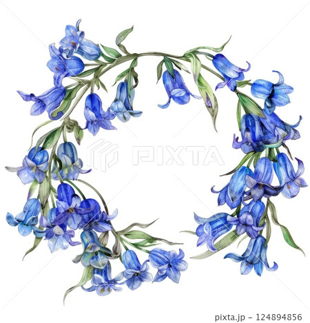 Watercolor Bluebell Flower Wreath - Elegant Botanical Illustration for Invitations and Decor 124894856
