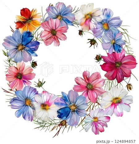 Colorful Floral Wreath with Pastel Cosmos Flowers and Greenery on White Background Colorful Floral Wreath with Pastel Cosmos Flowers and Greenery on White Background 124894857