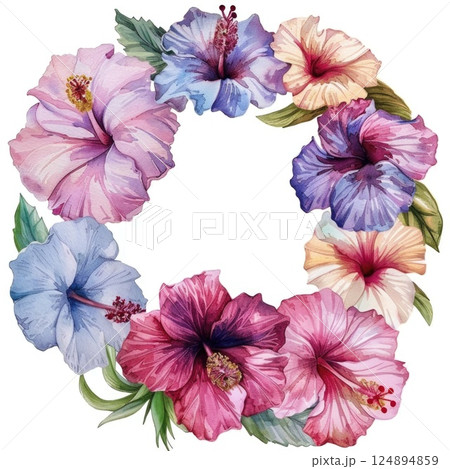 Vibrant Hibiscus Floral Wreath with Green Leaves on White Background Vibrant Hibiscus Floral Wreath with Green Leaves on White Background 124894859