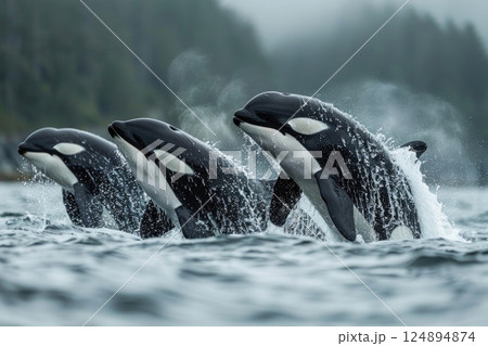 Three Orcas Leaping in Sync Over Ocean Waves with Forest in Background 124894874