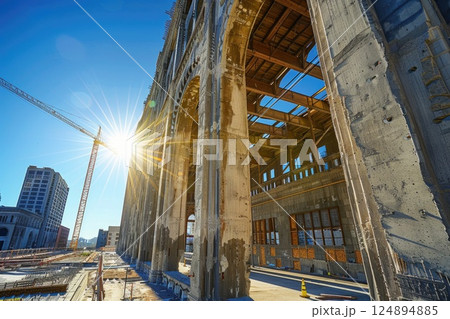 Urban Construction Site with Historic Building Facade and Crane at Sunrise Urban Construction Site with Historic Building Facade and Crane at Sunrise 124894885