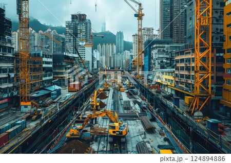 Urban Construction Site with High-Rise Buildings and Heavy Machinery in Metropolitan City Urban Construction Site with High-Rise Buildings and Heavy Machinery in Metropolitan City 124894886