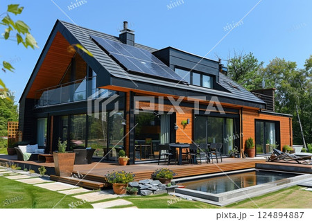 Modern Eco-Friendly Home with Solar Panels and Contemporary Design 124894887