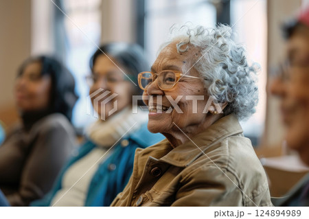 Senior Women in Community Gathering, Engaged in Conversation, Elderly Care, Traditional Attire, Cultural Event 124894989