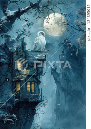 Enchanted Night: Majestic Owl Overlooking Mystical Castle in Moonlight 124895016