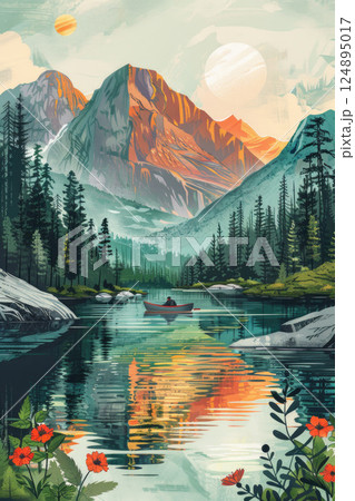 Scenic Mountain Lake with Boater at Sunrise in Vibrant Nature Landscape Illustration 124895017