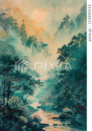 Majestic Mountain Landscape with Misty Peaks and River in Serene Forest 124895018