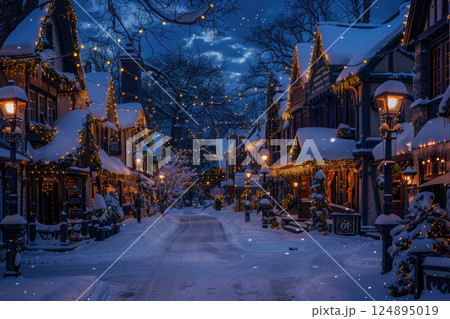 Cozy Snow-Covered Village at Dusk with Festive Lights and Falling Snowflakes 124895019