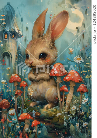 Whimsical Fantasy Bunny in Enchanted Forest with Mushrooms and Fairy-Tale Tower 124895020