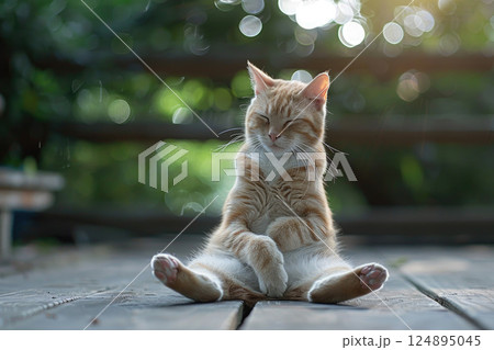 Meditating Tabby Cat Relaxing in Sunlight on Yoga Mat 124895045