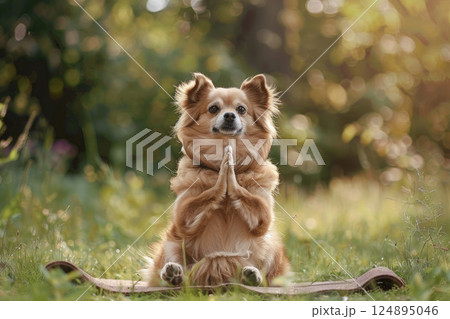 Adorable Dog Meditating in Autumn Forest with Golden Leaves and Sunlight 124895046