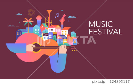 Colorful geometric summer music festival template, poster, banner. Summer time fun concept design 124895117