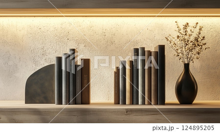 間接照明が映えるモダンな本棚と花瓶 間接照明が映えるモダンな本棚と花瓶 124895205