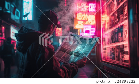 ネオン街で新聞を読む男性の後ろ姿 124895222