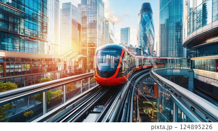 近未来都市を走行する赤いモノレール列車 124895226