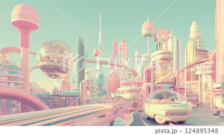 レトロフューチャー都市のパステル風景 レトロフューチャー都市のパステル風景 124895348