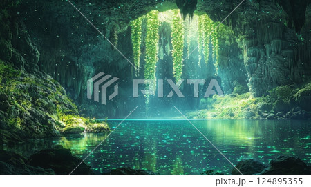 光る湖と緑のツタが輝く神秘の洞窟 光る湖と緑のツタが輝く神秘の洞窟 124895355