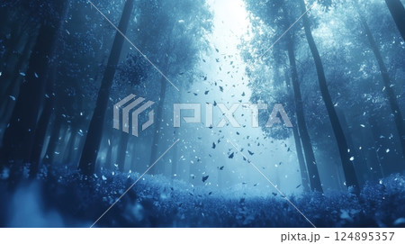 青い光に包まれた幻想的な森の風景 青い光に包まれた幻想的な森の風景 124895357