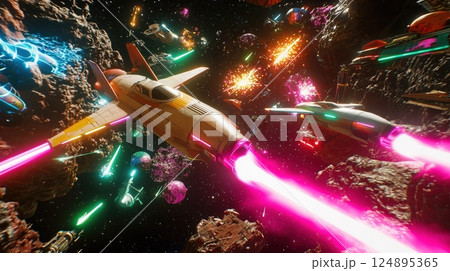 レトロSF風 宇宙空間での激しい戦闘シーン 124895365