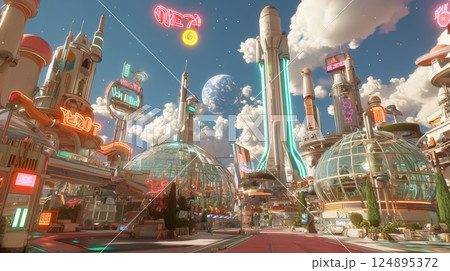 明るい未来都市と宇宙開発の風景 明るい未来都市と宇宙開発の風景 124895372