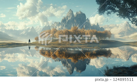 山と湖が織りなす幻想的なリフレクション 山と湖が織りなす幻想的なリフレクション 124895511