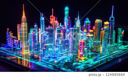 ネオン輝く未来都市の3Dホログラム模型 124895684