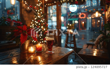 Cozy Christmas Living Room with Tree, Lights, and Decorations in Winter Wonderland 124895727