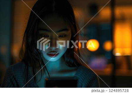 Young Woman Using Smartphone at Night with Cozy and Colorful Bokeh Lights 124895728