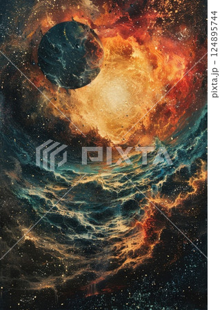 Dark starry fantasy celestial night sky with mountain 124895744