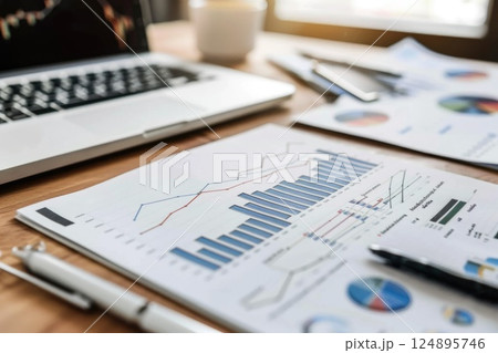 Business Charts and Financial Analysis with Pen and Laptop on Desk 124895746