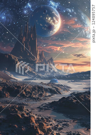 Surreal Alien Landscape with Majestic Peaks and Fiery Planet Horizon Surreal Alien Landscape with Majestic Peaks and Fiery Planet Horizon 124895757