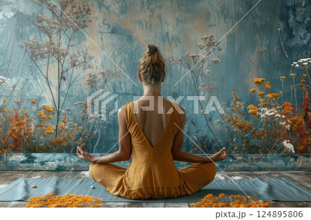 Woman Practicing Yoga in Peaceful Nature-Inspired Setting - Tranquility and Mindfulness 124895806