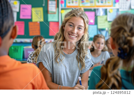 Happy Students Engaged in Classroom Activities with Diverse Peers 124895812