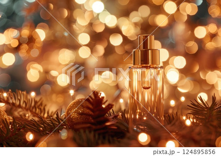 Elegant Perfume Bottle with Festive Holiday Lights and Golden Sparkles for Seasonal Celebrations Elegant Perfume Bottle with Festive Holiday Lights and Golden Sparkles for Seasonal Celebrations 124895856