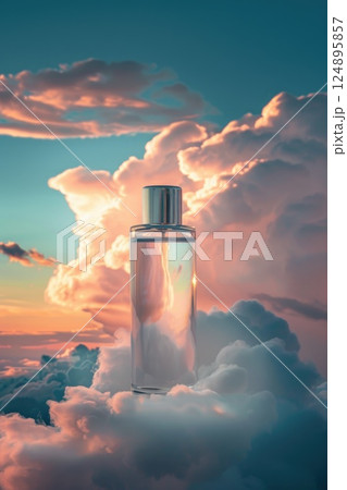 Elegant Perfume Bottle in Ethereal Cloudscape with Bright Blue Sky Background Elegant Perfume Bottle in Ethereal Cloudscape with Bright Blue Sky Background 124895857