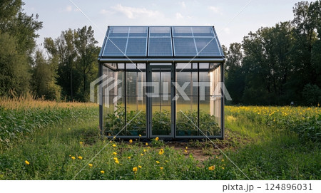 自然に調和するソーラー温室のある風景 124896031