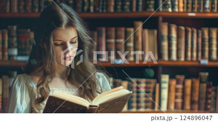 Young Woman Reading Book in Vintage Library 124896047