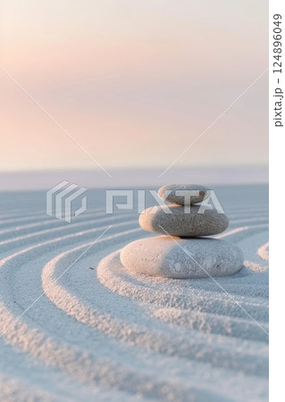 Balanced Stones on Seashore at Sunset Calm Zen 124896049