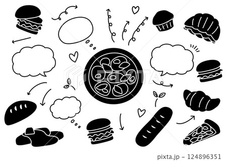 かわいい手描き風の矢印と吹き出しやピザとパンのセット かわいい手描き風の矢印と吹き出しやピザとパンのセット 124896351