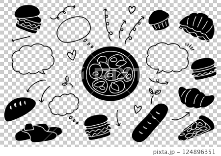 かわいい手描き風の矢印と吹き出しやピザとパンのセット かわいい手描き風の矢印と吹き出しやピザとパンのセット 124896351