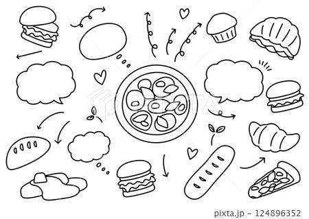 かわいい手描き風の矢印と吹き出しやピザとパンのセット かわいい手描き風の矢印と吹き出しやピザとパンのセット 124896352
