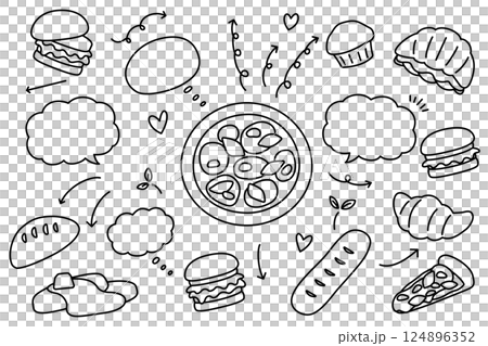 かわいい手描き風の矢印と吹き出しやピザとパンのセット かわいい手描き風の矢印と吹き出しやピザとパンのセット 124896352