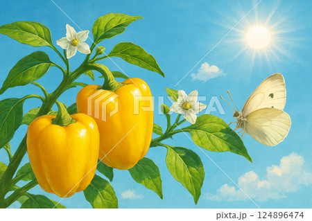 パプリカの花とモンシロチョウ 124896474
