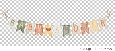 Watercolor illustration of a garland with flags. Drawing of Bunting for newborn party with Baby shower text. Pennants in boho colors for childish greeting cards or kids invitations. Hanging banner. Watercolor illustration of a garland with flags. Drawing of Bunting for newborn party with Baby shower text. Pennants in boho colors for childish greeting cards or kids invitations. Hanging banner. 124896799