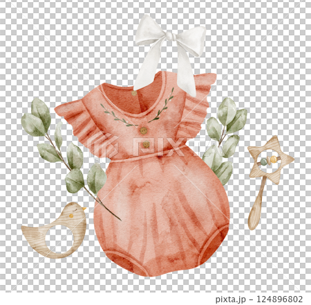 Watercolor Baby girl set with a coral pink Romper, bow, wooden toys, and greenery. Drawing of childish dress for baby shower invitations or newborn greeting cards. Illustration of kid bodysuit. 124896802
