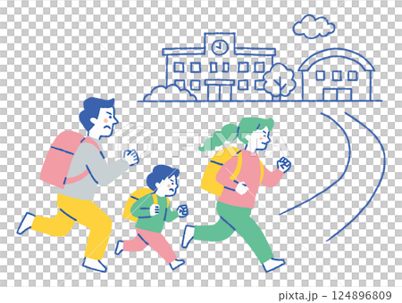 安全な場所へ避難する3人家族_色 124896809