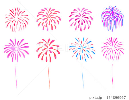 水彩で描いた打ち上げ花火セット 赤系 水彩で描いた打ち上げ花火セット 赤系 124896967