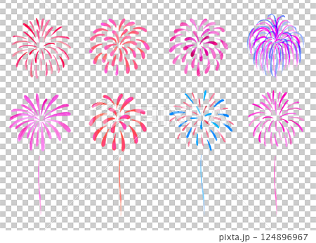 水彩で描いた打ち上げ花火セット 赤系 水彩で描いた打ち上げ花火セット 赤系 124896967