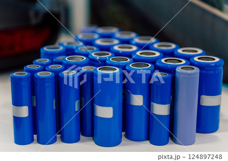 lithium ion batteries for motorcycles and cars. blue batteries for electric vehicles 124897248