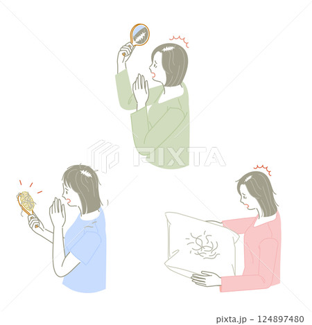 薄毛や抜け毛の悩み持つ女性のイラストセット 124897480